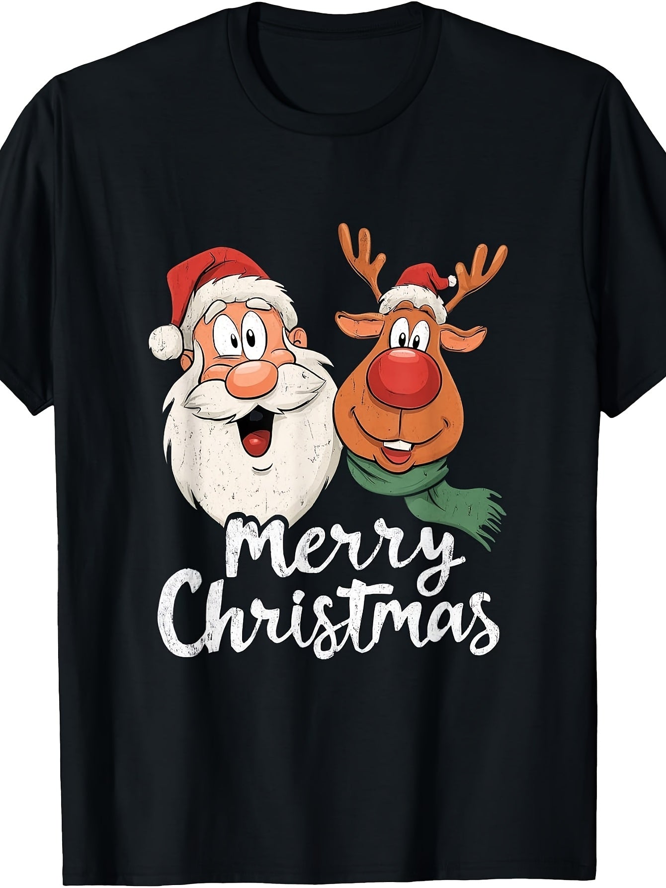 Men's & Women's Retro Christmas T-Shirt - Santa Claus & Reindeer Graphic with Merry Christmas Text, Round Neck Casual Holiday Tee, Machine Washable Suitable for Winter Parties, Gifts, Year-Round Wear