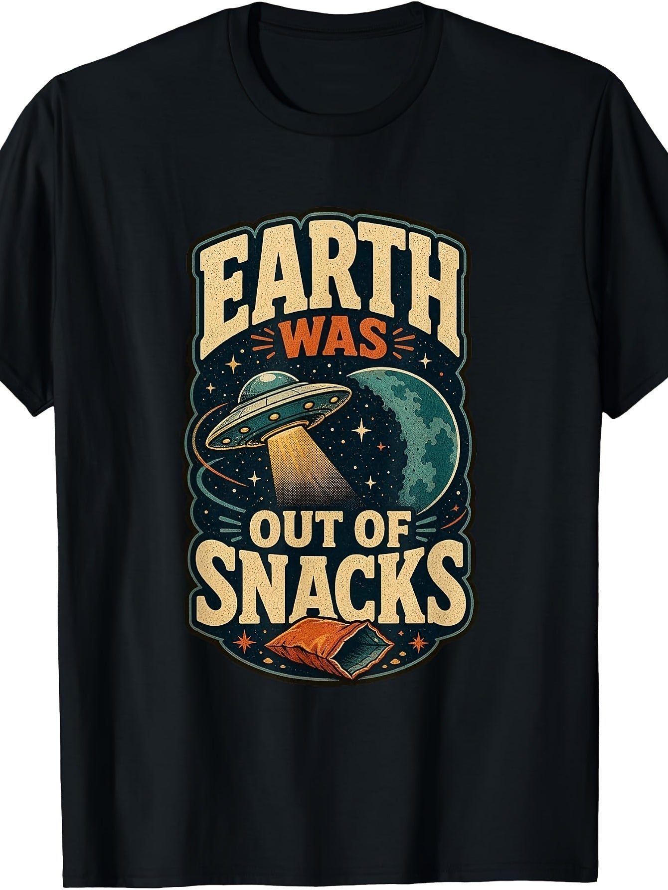 Retro Vintage, Men's And Women's T-Shirt, Earth Was Out Of Snacks Ufo Alien Abduction Funny Graphic, Summer Casual Wear