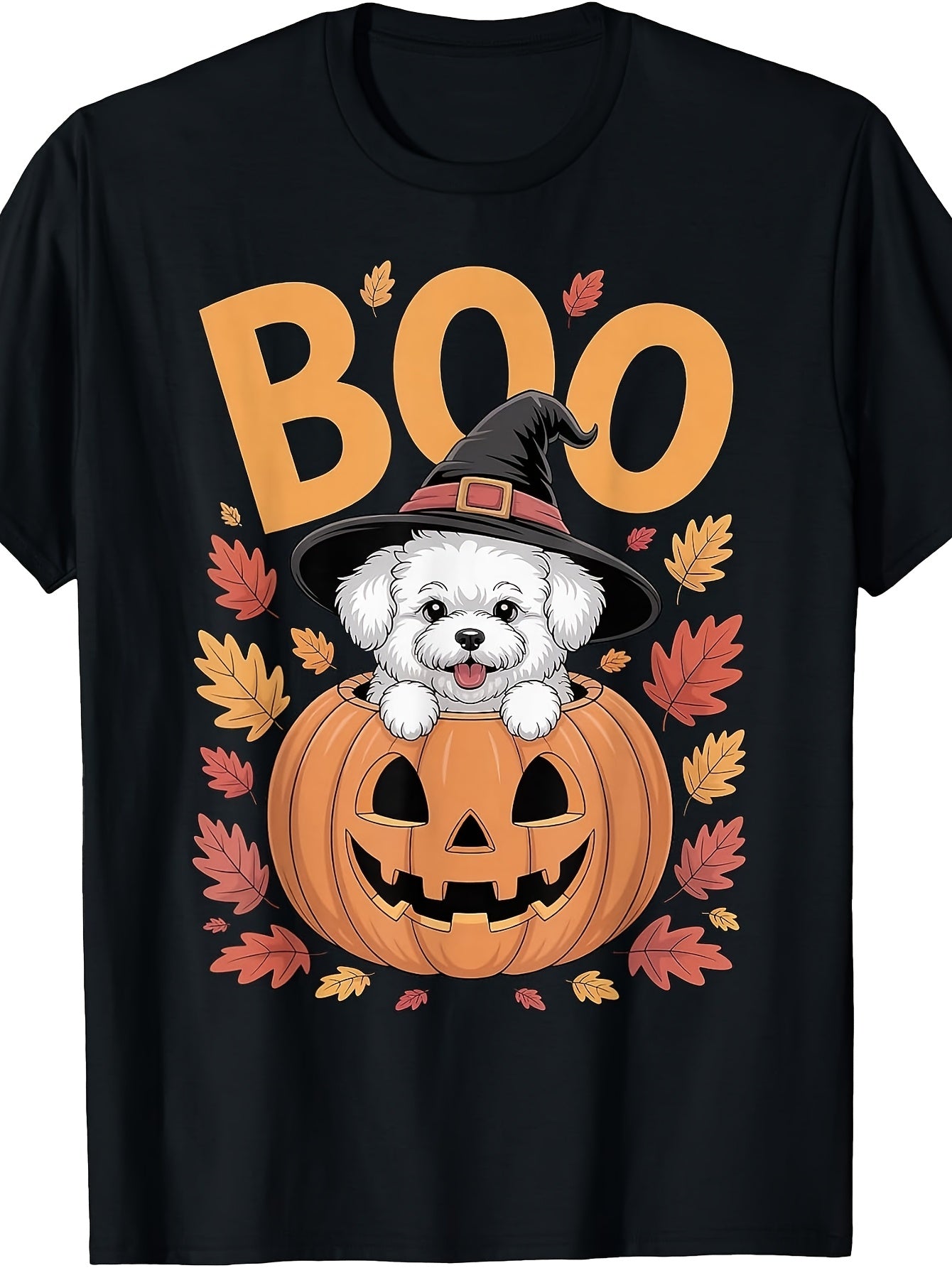 Cute Halloween, Men's And Women's T-Shirt, Boo Pumpkin Dog with Witch Hat And Autumn Leaves, Fall Season Party