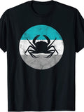 Vintage Style, Men's And Women's T-Shirt, Crab Silhouette with Teal White Gray Striped Circle Design, Summer Beach Casual Wear