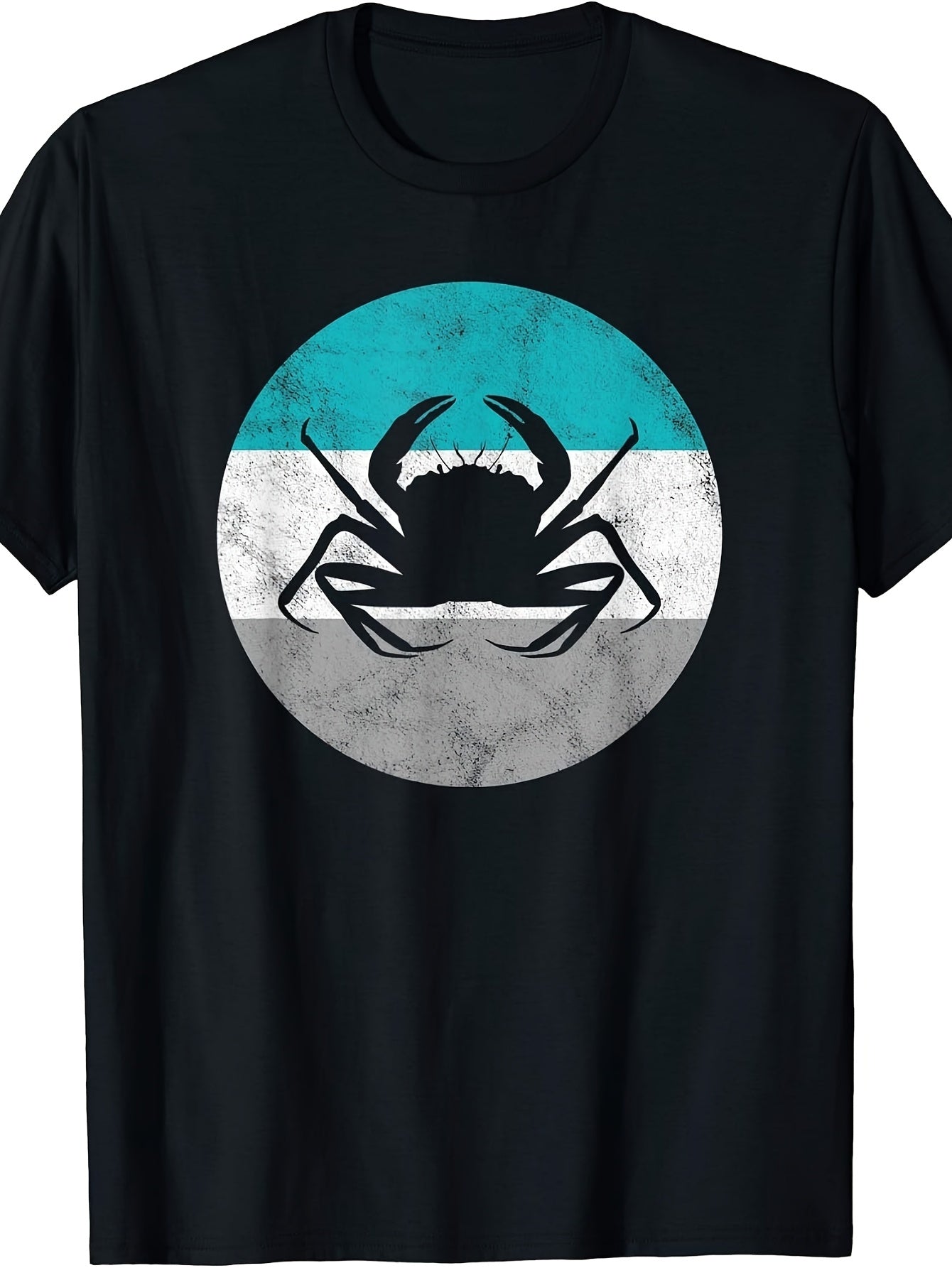 Vintage Style, Men's And Women's T-Shirt, Crab Silhouette with Teal White Gray Striped Circle Design, Summer Beach Casual Wear