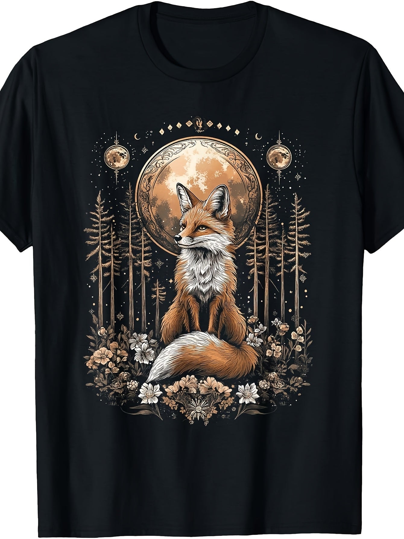 Mystic Moon and Moonphase Fox Mystical Flowers Aesthetic T-Shirt