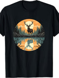 Men's & Women's Vintage Stag Deer Forest Lake T-Shirt - Retro Round Neck Suitable for Outdoor Camping Hiking, - Comfortable Wear with Stag Deer Lake Reflection Sunset, Machine Washable Casual Apparel for