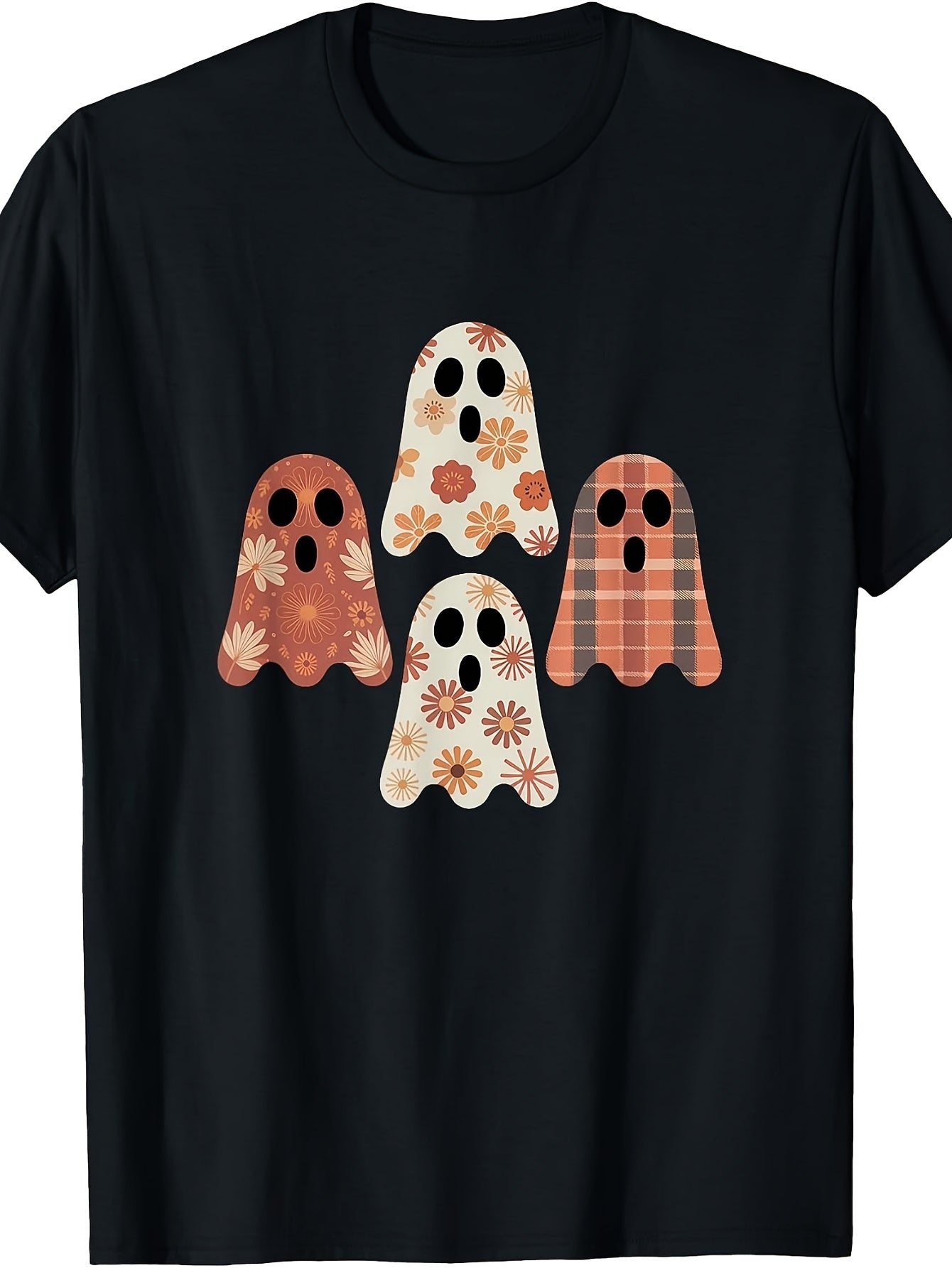 Halloween Patterns Plaid Whimsical Cartoon Floral Ghosts T-Shirt