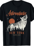 Vintage Retro Style, Men's And Women's T-Shirt, Adirondacks New York Howling Wolf Silhouette with Sunset And Birds Graphic, Outdoor Hiking Camping Travel Summer Fall Season
