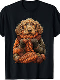 Cute Cartoon Style, Men'S And Women'S T-Shirt, Knitting Poodle Dog with Yarn And Scarf, Autumn Casual Wear