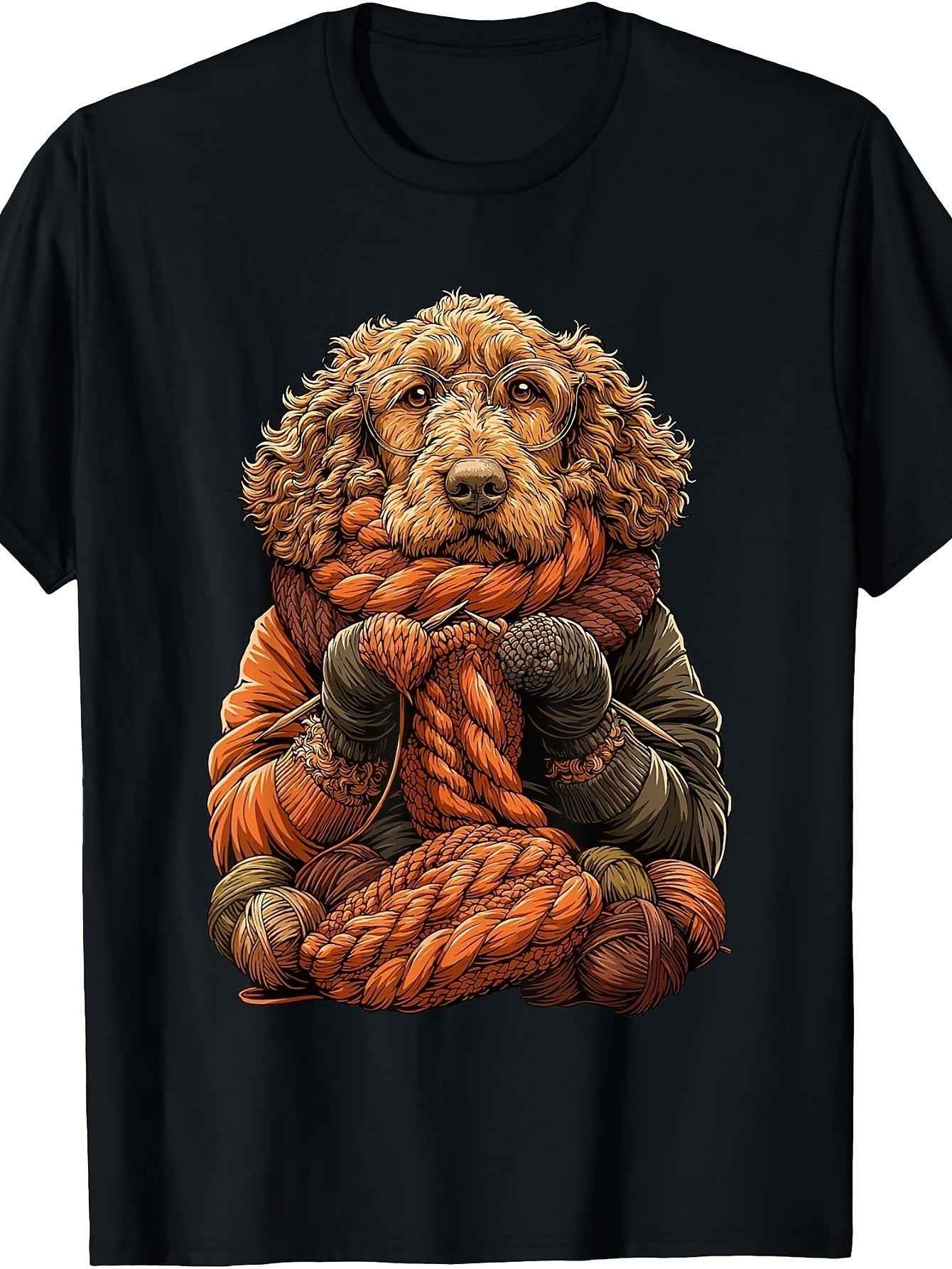 Cute Cartoon Style, Men'S And Women'S T-Shirt, Knitting Poodle Dog with Yarn And Scarf, Autumn Casual Wear