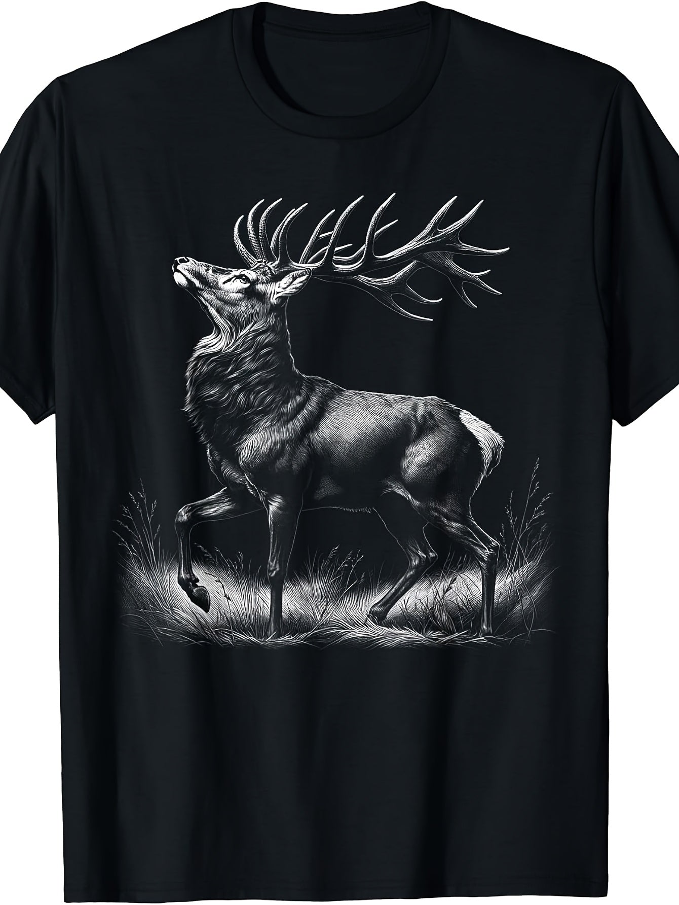 Vintage Style, Men's And Women's T-Shirt, Majestic Stag Deer with Large Antlers Bellowing In Grass, Outdoor Hunting Camping Fall Winter Gift