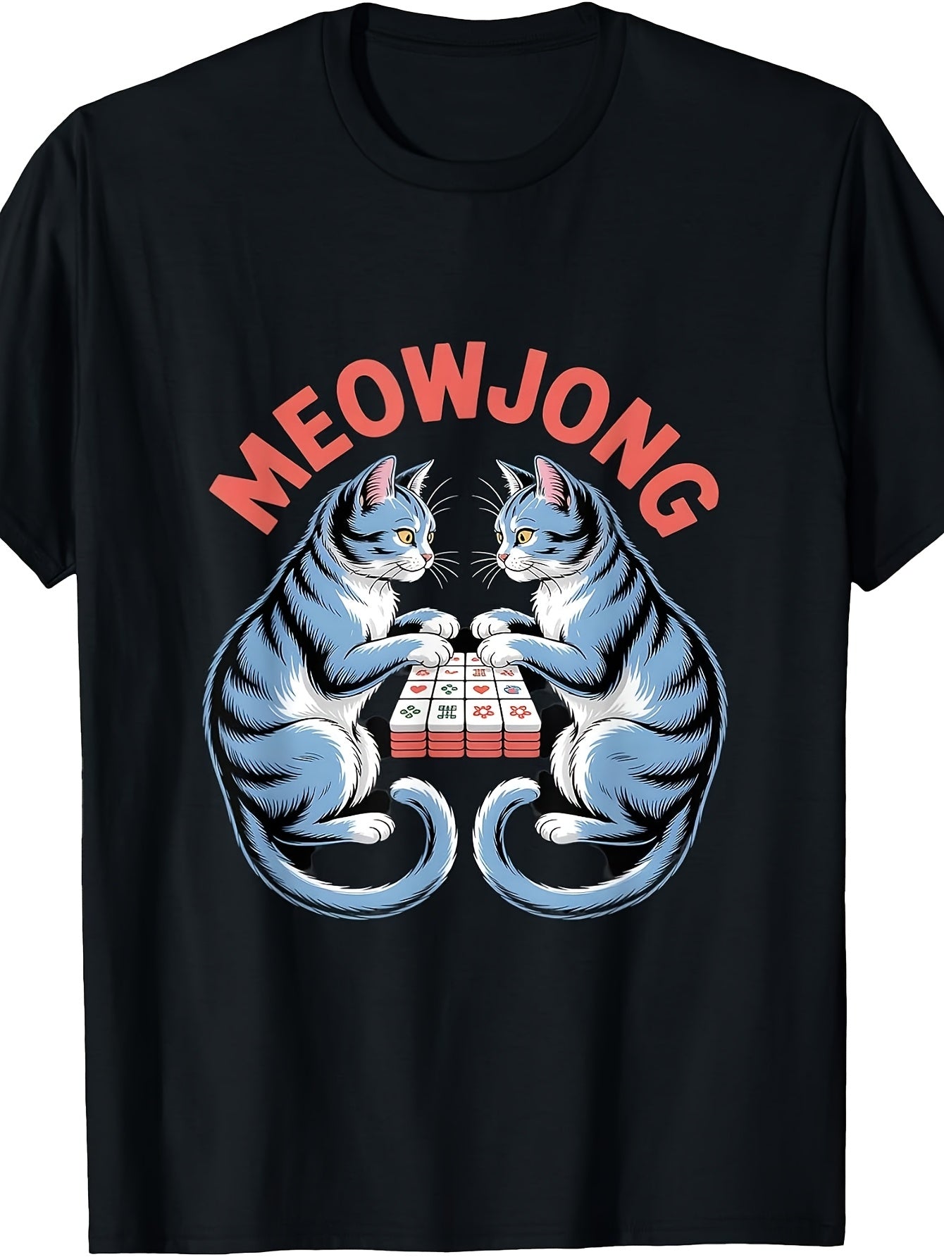 Funny Meowjong Cats Playing Mahjong Tiles Humorous T-Shirt