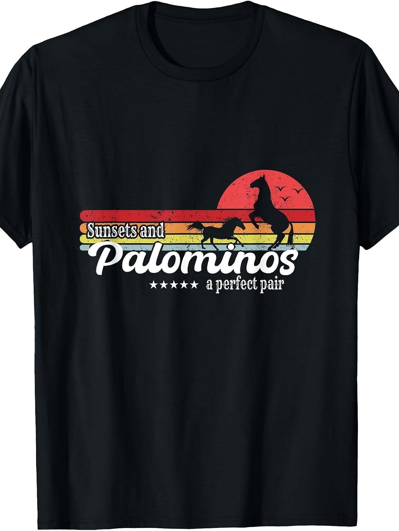 Vintage Retro Style, Men'S And Women'S T-Shirt, Sunsets And Palominos a Pair Horse Silhouette Graphic, Summer Outdoor Riding Casual Wear