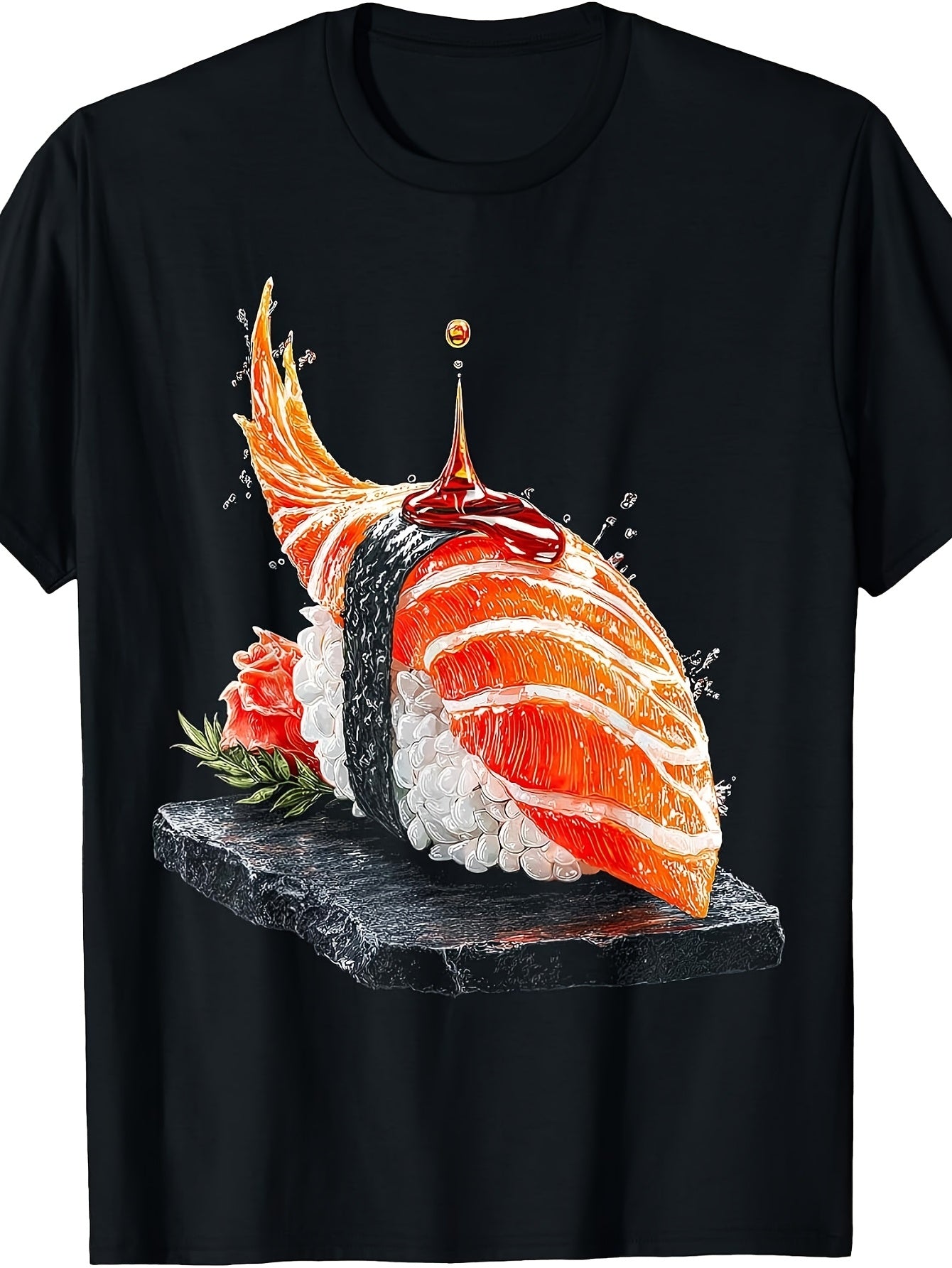 Artistic, Men's And Women's T-Shirt, Dynamic Salmon Sushi with Soy Sauce Splash On Stone Plate, Casual Wear Summer