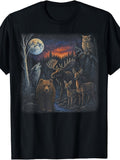 Men's And Women's T-Shirt, Wildlife Forest Animals Moonlit Scene, Outdoor Adventure Summer Wear