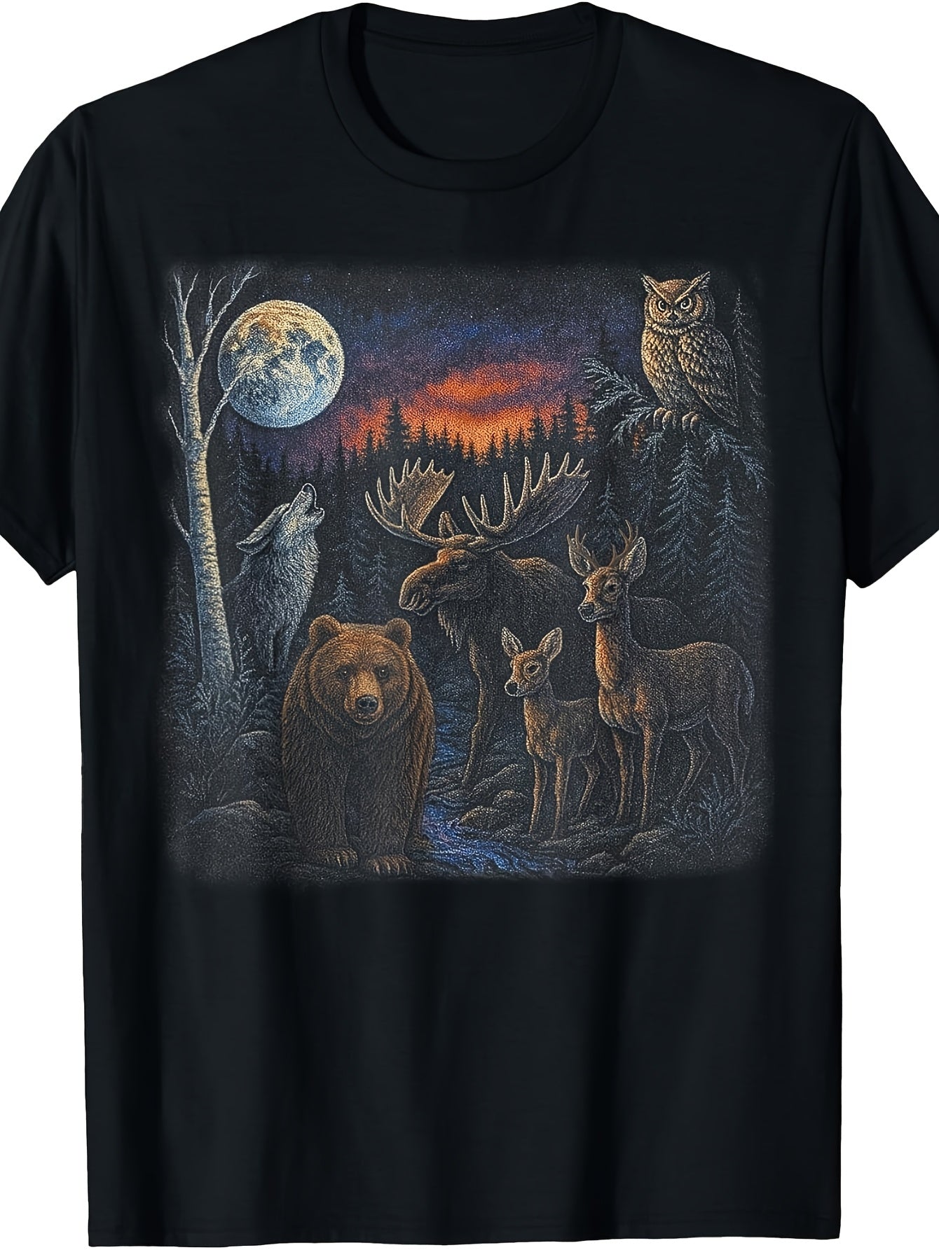 Men's And Women's T-Shirt, Wildlife Forest Animals Moonlit Scene, Outdoor Adventure Summer Wear