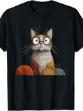 Retro Yarn-Themed Funny Cat Face T-Shirt Suitable for Knitting & Crochet Lovers, Machine Washable Round Neck Casual Tee with Knitting for Crafters, Year-Round Wear for Hobbyists