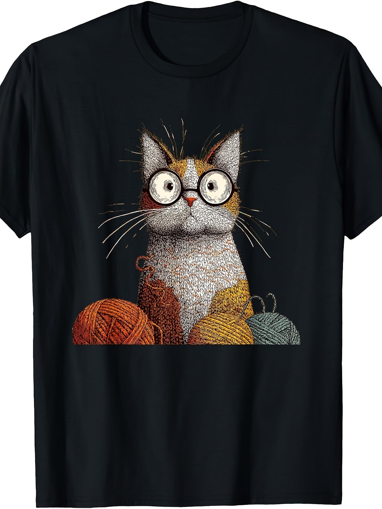 Retro Yarn-Themed Funny Cat Face T-Shirt Suitable for Knitting & Crochet Lovers, Machine Washable Round Neck Casual Tee with Knitting for Crafters, Year-Round Wear for Hobbyists