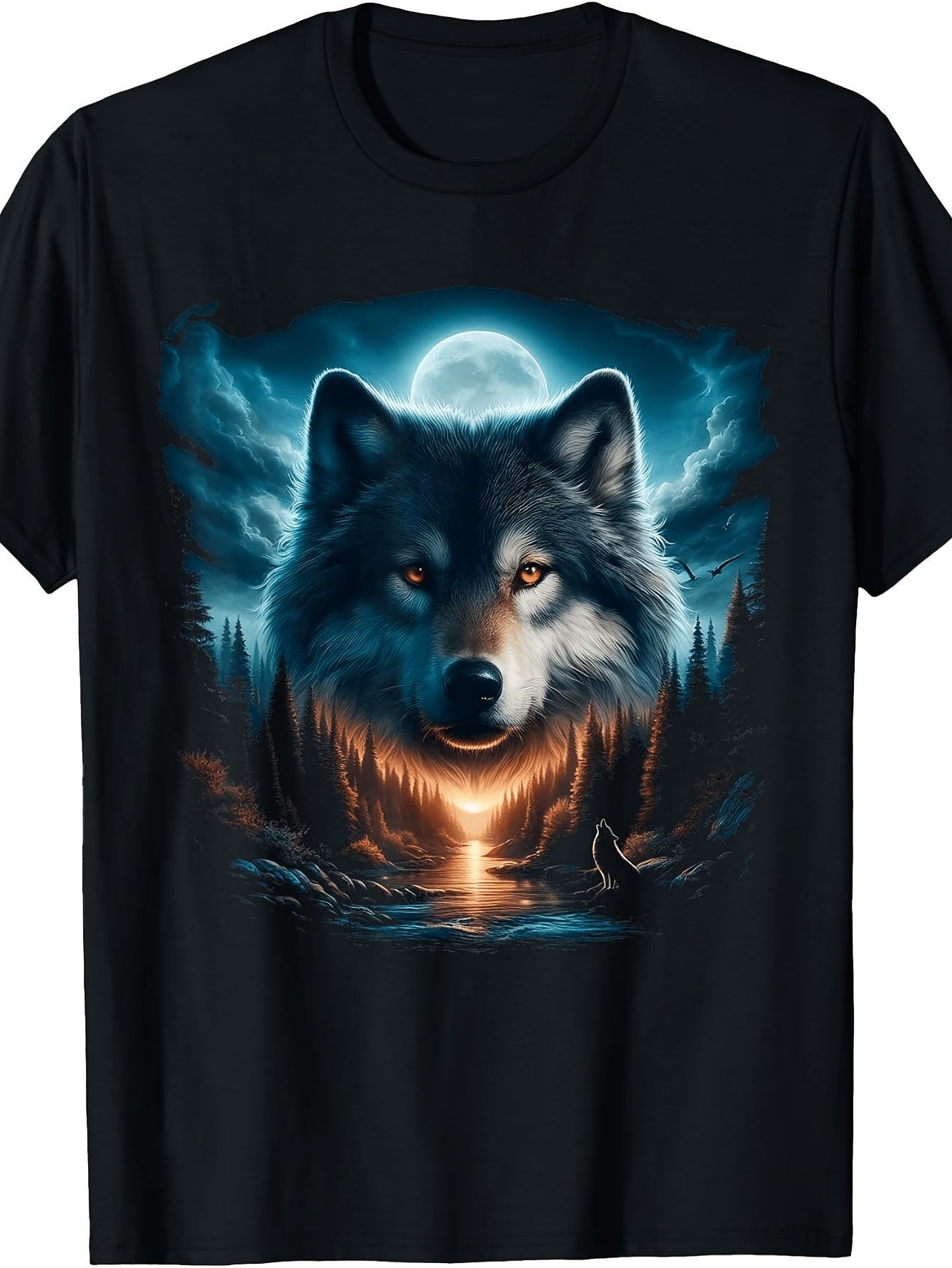 Mystical Wolf Moonlight Forest Art, Men'S And Women'S T-Shirt, Glowing Wolf Face with Moon And Lake Scene, Casual Wear Summer Outdoor