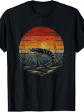 Vintage Retro Style, Men's And Women's T-Shirt, Shrimp Sunset Lake Fishing Graphic, Summer Outdoor Casual Wear
